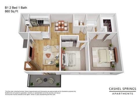 Floor plan for 2 beds, 1 bath, 860 sqft